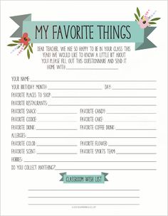 the printable list for my favorite things