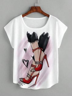 Plus Size Round Neck Short Sleeve Printed T-Shirt With High Heels White Casual  Cap Sleeve Fabric Figure,Geometric,Heart,Letter  Medium Stretch  Women Plus Clothing, size features are:Bust: ,Length: ,Sleeve Length: Cocktail Dress Curvy, Curvy Pants, Casual Cap, Maxi Dress Cocktail, Mini Dress Casual, Plus Size Kleidung, Inspiration Mode, Batwing Sleeve, White Casual