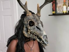 The Wendigo head piece comes 3d printed ready to paint in white and black.  We also have bone finish, or weathered bone finished and ready to go.  It has an articulated jaw that you move with your chin. Horns are detachable.  I now offer a variety of interchangeable horns.  https://www.etsy.com/listing/1285570336/add-horns-for-wendigo-skull-mask Customs may add fees when shipping outside of the North America. Bone Mask Character Art, Wendigo Mask Diy, Creepy Mask Ideas, Wendigo Cosplay, Female Wendigo, Wendigo Mask, Deer Skull Mask, Wendigo Skull, Bird Skull Mask