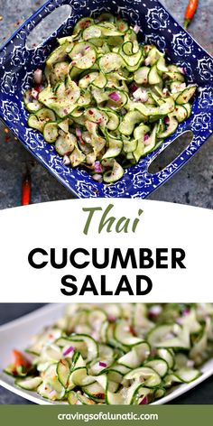 Collage image featuring two photos of Thai cucumber salad. Top image is an overhead photo of the salad in a blue dish. Bottom image is the salad on a white plate. Thai Cucumber Salad Recipe, Thai Lunch, Thai Cucumber, Thai Cucumber Salad, Asian Vegetarian Recipes, Asian Cucumber Salad, Cucumber Salad Recipe, Salad Diet