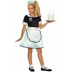 This Halloween will feel like a blast from the past when you dress your daughter up in our 50's Diner Waitress Costume for Girls! With your purchase, you will receive everything you need to transform your daughter into an old fashioned diner server. Complete with a beautiful dress and apron as well as a matching hat headband, you don't want to miss out on this cute and festive look. Buy your diner waitress costume today, and go make this Halloween a 1950's blast to remember! Size: Child Small.  Color: Blue. Waitress Costume, Diner Waitress, Waiter Outfit, Diner Dress, Waitress Outfit, 50's Diner, Pale Blue Dresses, 50s Diner, Black Leggings Outfit