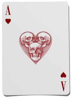 two skulls in the shape of a heart on a white playing card with red ink