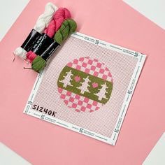 Tree on Pink and White Check Kit - KC Needlepoint Best Scissors, Travel Ornament, Needlepoint Ornaments, Kangaroo Paw, Monogram Pillows, Nutcracker Ornaments, Travel Tags, Round Canvas, Wood Artist