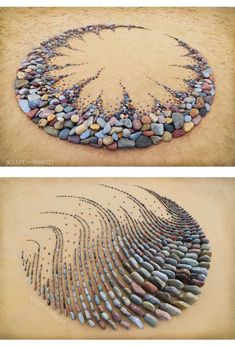 two pictures with rocks arranged in the shape of a circle on top of each other