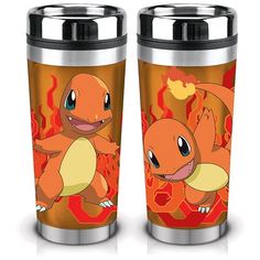 two travel mugs with the same image on them, one has a pikachu and