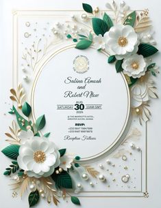 an elegant wedding card with flowers and pearls