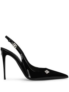 black calf leather patent finish high stiletto heel buckle-fastening slingback strap branded footbed logo plaque pointed toe silver-tone hardware Luxury Patent Leather High Heel Slingback Pumps, Luxury High Heel Patent Leather Slingback Pumps, Luxury Patent Leather Slingback Pumps With Ankle Strap, Luxury Patent Leather Slingback Heels, Luxury Patent Leather Slingback Pumps, Luxury Slingback Pumps With Heel Strap, Luxury Black Slingback Pumps With Buckle, Luxury Black Slingback Pumps With Buckle Closure, Designer Heels With Logo For Formal Occasions