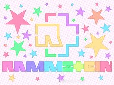 the word mmmm is surrounded by stars in different colors on a light pink background