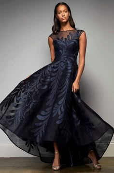 Promote attention-grabbing style in this stunning dress by Hynes Park. Designed with show-stopping floral embroidery in a rich Navy color, this beautiful dress features a bateau neckline with cap sleeves, a fitted bodice, and a back zipper closure. The skirt flourishes in an A-line silhouette and finishes with a high-low hemline. Perfect for all your formal events! Comes with two yards of tulle to make sleeves if necessary. Style/Fit:Cap Sleeves Scuba MeshFitted BodiceHigh Low SkirtFloral Embroi High Low Dress Formal, Hair Kids, Embroidered Lace Dress, Hairstyles Men, Trendy Wedding Hairstyles, Taffeta Dress, Gowns With Sleeves, A Line Gown, Groom Dress