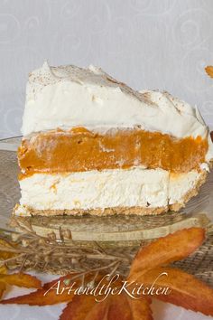 a piece of pie sitting on top of a glass plate next to some orange peels