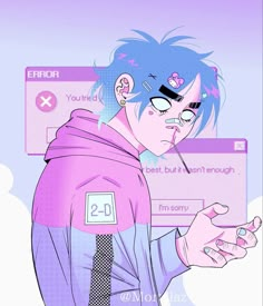 a man with blue hair wearing a pink hoodie and holding a cell phone in his hand