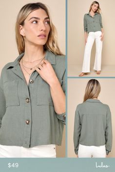 Make your daily outings a little cuter when you add the Lulus Everyday Enjoyment Olive Green Lightweight Linen Jacket to any outfit! Lightweight woven linen-blend fabric shapes this easygoing shirt-meets-jacket that's perfect for springtime! Collared neckline tops a boxy bodice framed by long sleeves with button cuffs. Twin patch pockets accent the front, which secures with a full button placket. Cropped hem completes the look. Fit: This garment fits true to size. Length: Size medium Bust: Great Chic Linen Button-up Outerwear, Fall Linen Outerwear For Day Out, Effortless Tops With Pockets For Day Out, Versatile Summer Outerwear For Everyday, Chic Linen Everyday Outerwear, Chic Linen Outerwear For Everyday, Trendy Linen Tops For Work, Trendy Linen Tops For Everyday, Casual Linen Tops For Brunch