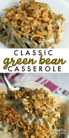 green bean casserole in a white bowl with a spoon on the side and another serving