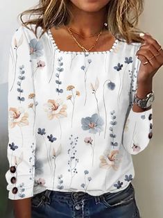 Casual Loose Floral Printed Square Neck Buttoned Cuffs Design Long Sleeve Shirt | zolucky Casual White Print Affordable Tops, Affordable White Shirt With All Over Print, Affordable Casual Blouse With Square Neck, Plus Size Long Sleeve Tops, Long Sleeve Tops Casual, Stretch Top, Casual Lace, Women Shirts Blouse, Floral Stripe