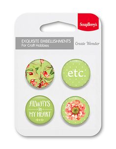 four buttons with flowers and words on them