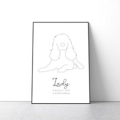 a black and white drawing of a dog with the name lady on it's face