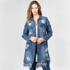 Distressed Denim Long Length Jacket Denim Long Jacket, Off Shoulder Jacket, Tube Top Jumpsuit, Long Denim Jacket, Denim Shirt With Jeans, Dress Jeans, Distressed Jacket, Destroyed Denim, My Darling