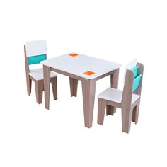 two children's wooden chairs and a table with an orange flower on the seat