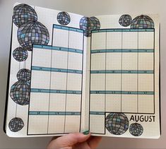 Disco ball themed bullet journal calendar for august. August Bullet Journal Calendar, Bullet Journal Calendar, August Bullet Journal, Journal January, Dotted Journal, Journal Calendar, Goals Bullet Journal