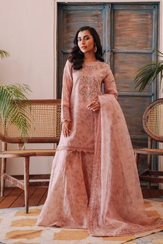 Pakistani famous brand Ethnic sharar set Pink Naqshi Sharara For Diwali, Bollywood Style Sets For Eid Celebrations, Elegant Pink Sharara With Printed Motifs, Elegant Sharara With Printed Motifs For Diwali, Semi-stitched Pink Naqshi Sets, Bollywood Style Palazzo Set With Naqshi, Elegant Sets With Printed Motifs For Festivals, Fitted Pink Sets With Naqshi Detailing, Pink Fitted Set With Naqshi Detailing