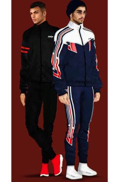 two men standing next to each other wearing tracksuits