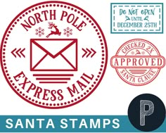 the north pole express mail stamp and stamps are available in both different colors, sizes and shapes