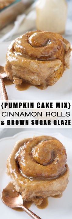 pumpkin cake mix cinnamon rolls and brown sugar glaze on white plates with spoons