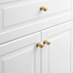 white cabinets with brass handles and knobs