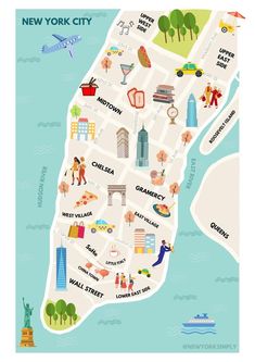 an illustrated map of new york city with all the major attractions and places to see