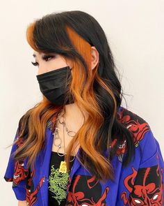 Colorblock Hair Placement, Black Orange Hair, Spooky Hair Color, Orange And Black Hair, Hidden Hair Color, Color Block Hair, Hair Color For Fair Skin, Split Dyed Hair, Peekaboo Hair