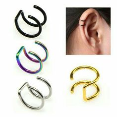 four different types of ear piercings in various colors and sizes, including one with an open