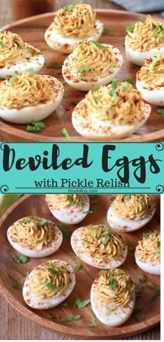 deviled eggs with pickle relish and parsley on a wooden platter