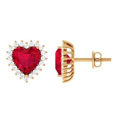 Product Details Turn heads and capture hearts with these adorable Heart Stud Earrings, a must-have addition to your jewelry collection or a thoughtful gift for your beloved. These Fine Earrings feature an 8 MM Heart Shape Lab Created Ruby gemstone set in Prong Setting, encircled by a dazzling Diamond Halo. The combination of deep red hue and sparkling gemstones creates a stunning contrast of color and light. Secured with Screw Back Closure, these Stud Earrings will never go out of style and beco Ruby Stud Earrings, Ruby Earrings Studs, Heart Stud Earrings, Ruby Gemstone, Heart Studs, Fine Earrings, Heart Earrings Studs, Diamond Halo, Halo Diamond