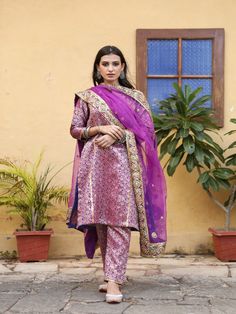 Abeer Purple Hand Embroidered Brocade Kurta Set (Set of 3) By Gulabo Jaipur now available at Trendroots Banarasi Suit Designs Latest, Banarasi Suit Designs, Brocade Kurta, Dull Purple, Organza Kurta, Purple Suit, Purple Suits, Kurti Designs Latest, Indian Dresses Traditional