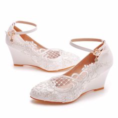 Details: Style: Elegant Embellishment:?Lace Heels Type: Wedge heels Heel height: 2.17inch Closure Type: Buckle Strap Toe: Round Toe Upper Material: PU Sole Material:?Rubber Lining Material: Leather Spring Wedding Wedge Heels, Spring Wedding Wedge Sandals With Round Toe, Platform Wedge Sandals With Round Toe For Wedding, White Wedge Heel Sandals For Wedding, White Wedge Sandals For Wedding, Elegant Ankle Strap Wedge Sandals For Wedding, Elegant White Low Heel Wedge Sandals, Elegant Platform Wedge Sandals For Wedding, White Wedge Heel Heels For Wedding