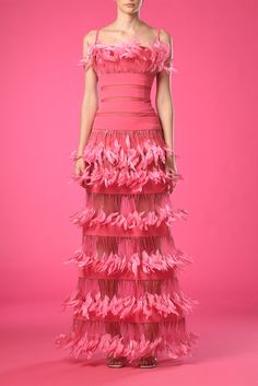 Corseted bodice feather layered gown - HerTrove Layered Gown, Zero Waste Fashion, Embellished Gown, Statement Dress, Pink Maxi Dress, Barbie Dress, Cutout Dress, Couture Dresses, Couture Fashion