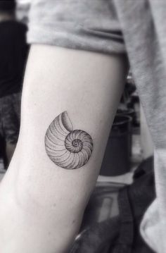 a black and white photo of a small nauti shell on the left inner arm