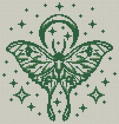 a cross stitch pattern with a green butterfly on it's wings and stars in the background