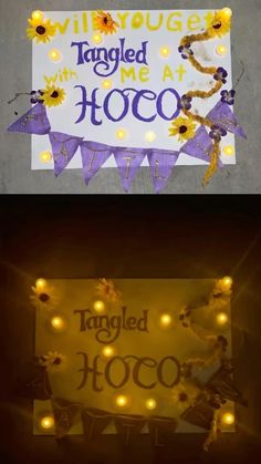 a sign that says tangled me a hoco with lights around it and the words tangled