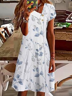 Product Title :Casual Asymmetrical Collar Loose Dress Product... Asymmetrical Collar, Over 60 Fashion, Linen Fashion, 60 Fashion, Collar Pattern, Loose Dress, Types Of Dresses, Floral Style, Fashion Women