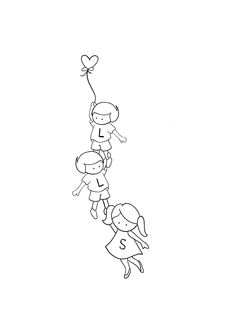 a drawing of three children flying in the air with a heart shaped balloon above them