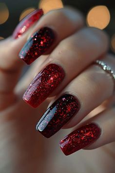 50 Gorgeous Red Nails Ideas to Transform Your Look In 2024(With DIY Tips) - Latest & Trendy Nail Designs Red Nails For A Wedding, Black With Red Sparkle Nails, Red And Black Fingernails, Black And Red Sparkle Nails, Red And Black Gel Nails Ideas, Crazy Red Nails, Red Nails Black Tips, Red And Black Glitter Nails