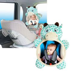 a baby in a car seat with a stuffed animal