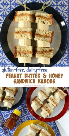 peanut butter and honey sandwich kabobs on a plate with the text gluten - free, dairy - free peanut butter and honey sandwich kabobs