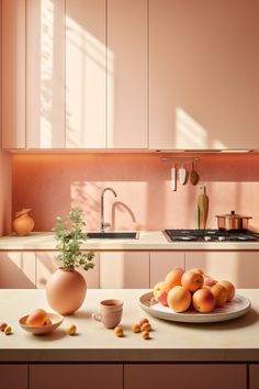 a plate of peaches sitting on a kitchen counter next to a bowl of fruit