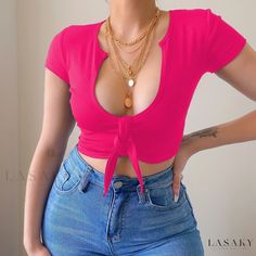 Lasaky - Minimalist Collared Sexy Short Sleeve Shirt Watermelon Red, Yoga Tank Tops, Cute Crop Tops, Tie Dye Shorts, Crop Tshirt, Short Sleeve Blouse, T Shirt Top, Short Sleeve Shirt