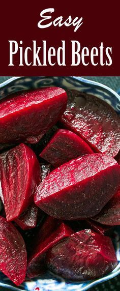 sliced beets on a plate with text overlay that reads easy pickled beets