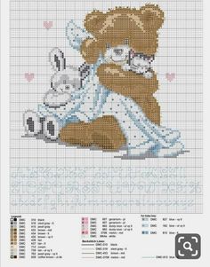 a cross stitch pattern with a teddy bear and bunny on it's back, sitting next to each other