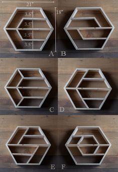 four shelves are shown with measurements to make them look like hexagonals on the wall