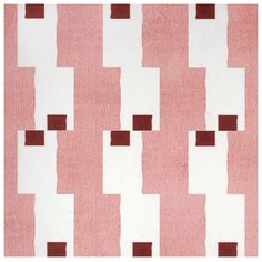 a pink and white rug with brown squares on the bottom, in an abstract pattern